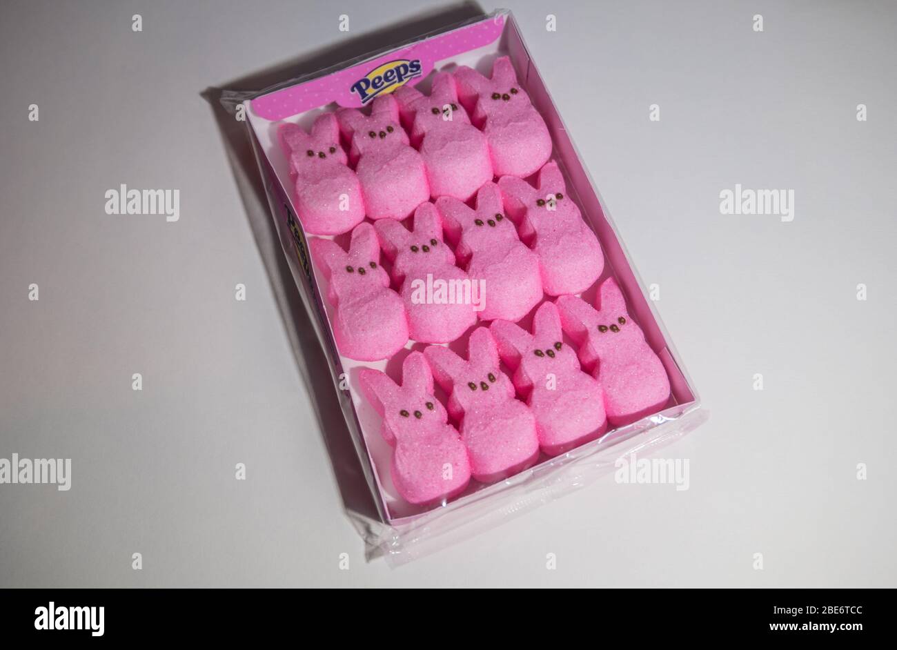 Un paquet inutilisé de lapins guimauves roses Peeps sur fond blanc Banque D'Images