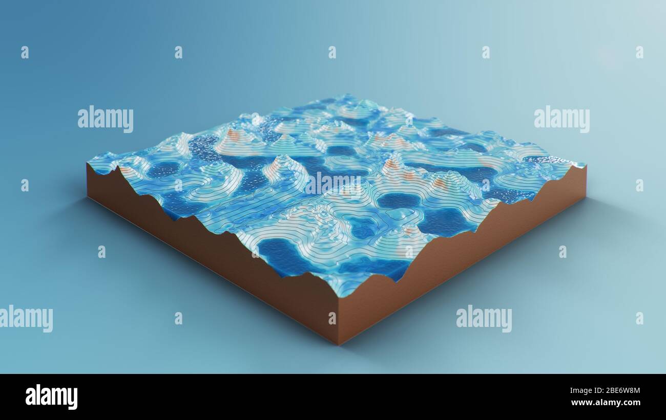 Carte topographique en trois dimensions avec de l'eau. Lignes de contour sur une carte topographique. Étudier la géographie de la région: Collines, montagnes et plaines Banque D'Images