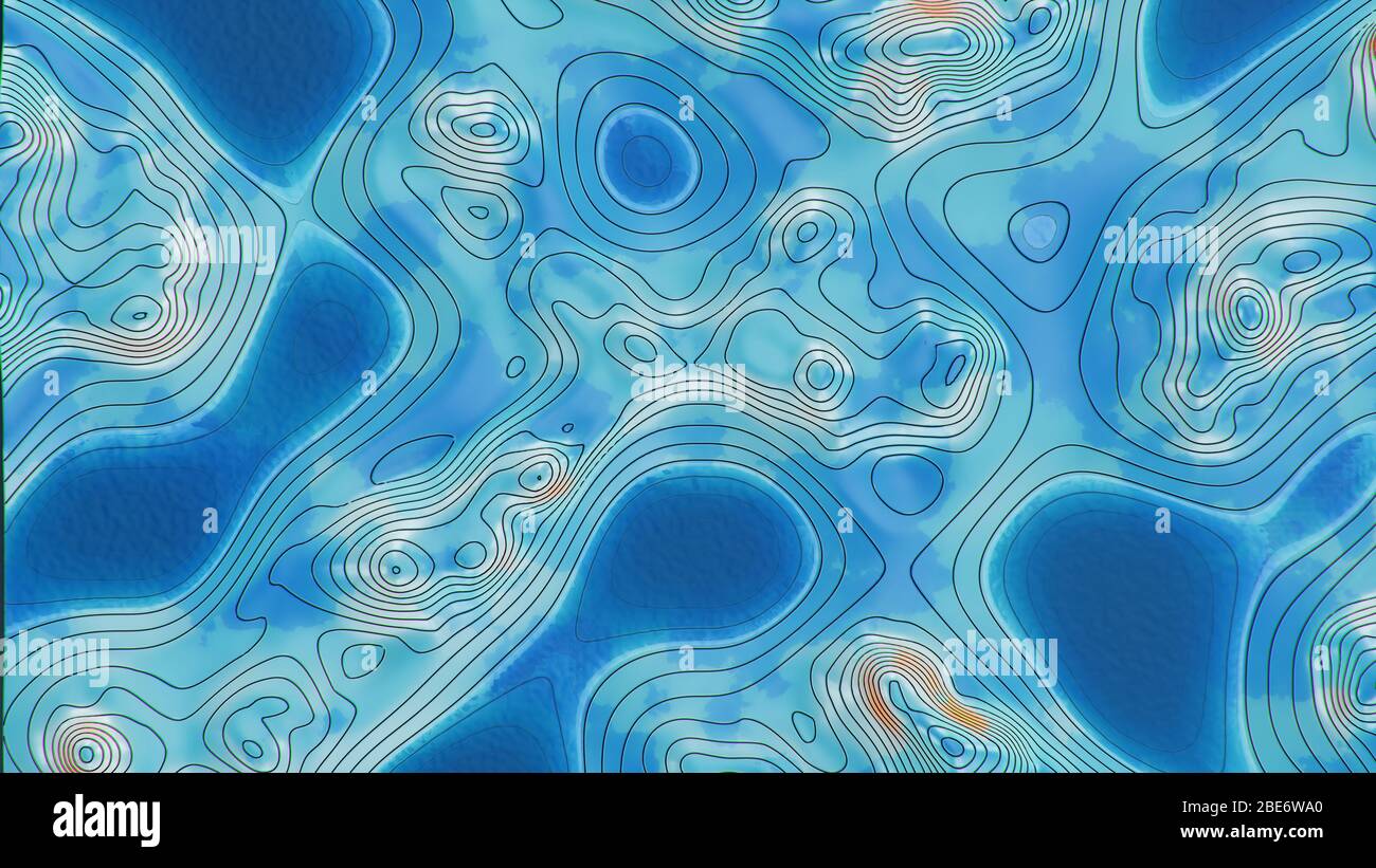 Carte topographique en relief avec eau. Lignes de contour sur une carte topographique. Étudier la géographie de la région: Collines, montagnes et plaines. Cartographie Banque D'Images