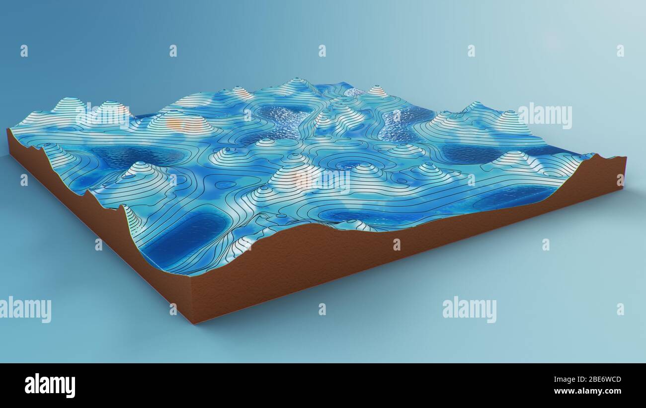 Carte topographique en trois dimensions avec de l'eau. Lignes de contour sur une carte topographique. Étudier la géographie de la région: Collines, montagnes et plaines Banque D'Images