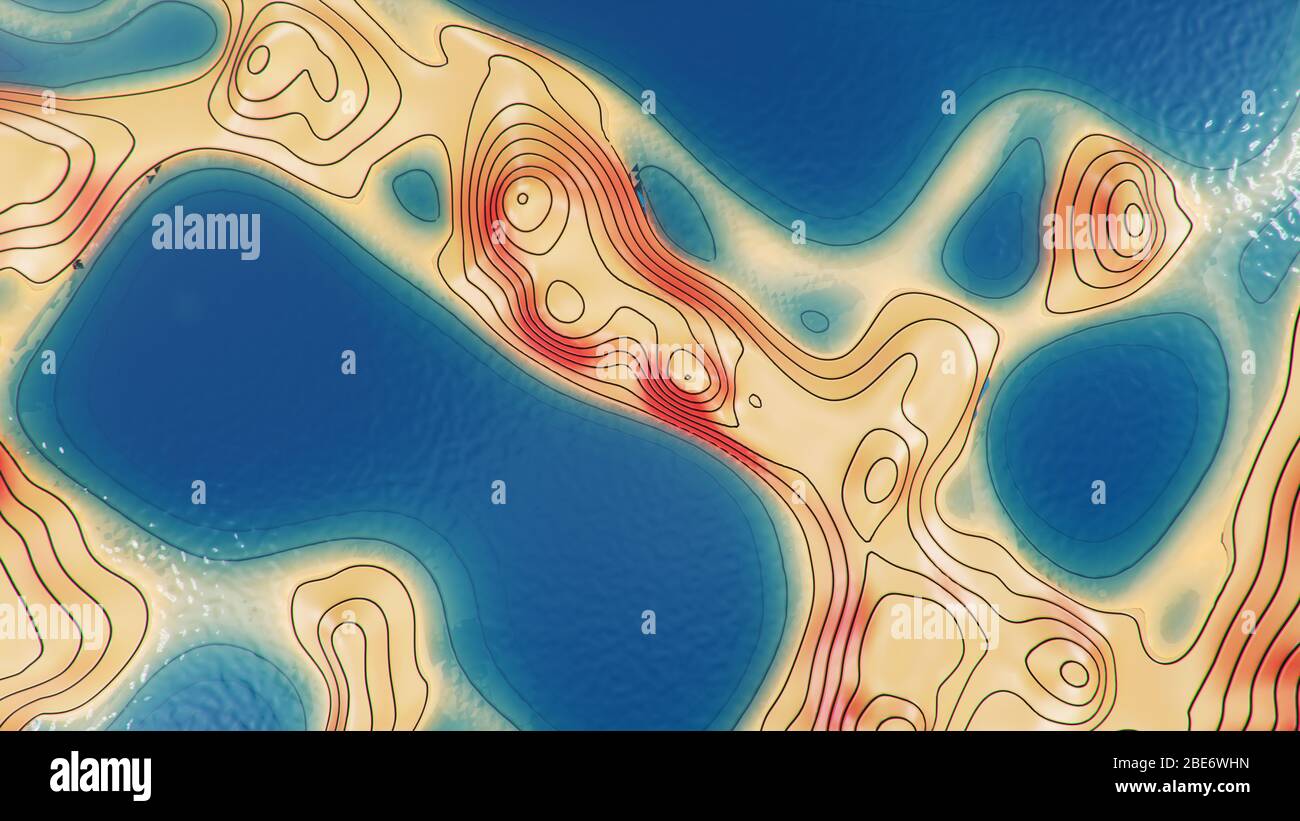 Carte topographique tridimensionnelle avec eau. Lignes de contour sur une carte topographique. Étudier la géographie de la région: Collines, montagnes et plaines Banque D'Images