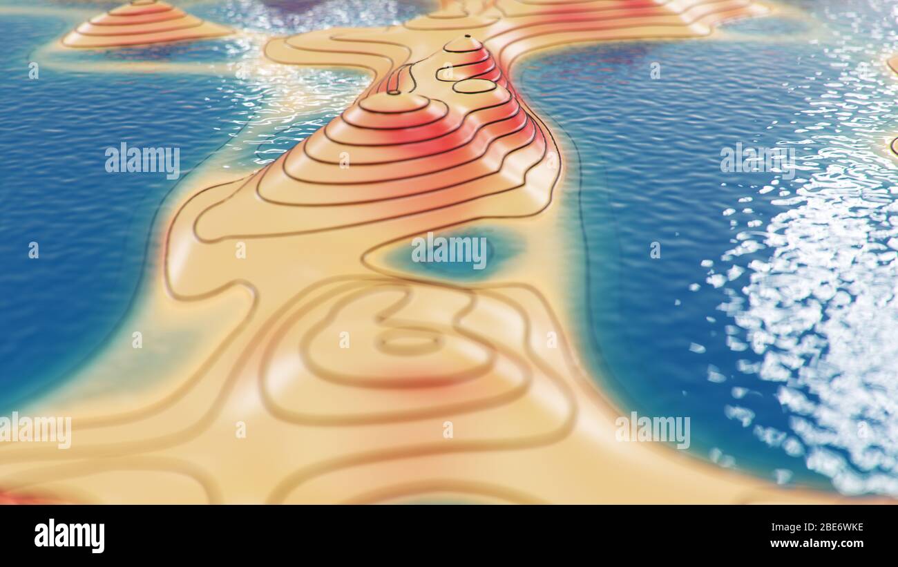Carte topographique tridimensionnelle avec eau. Lignes de contour sur une carte topographique. Étudier la géographie de la région: Collines, montagnes et plaines Banque D'Images