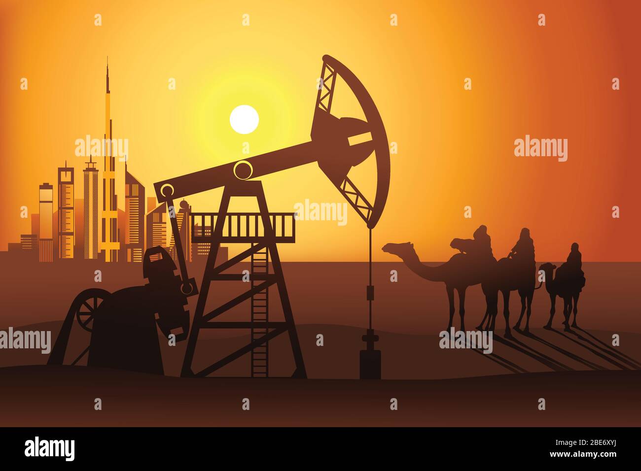 Citrouille de pétrole et trois cavaliers de chameau au coucher du soleil dans le désert sur l'illustration vectorielle de fond de la ville de Dubaï. Huiler bien. Illustration de Vecteur