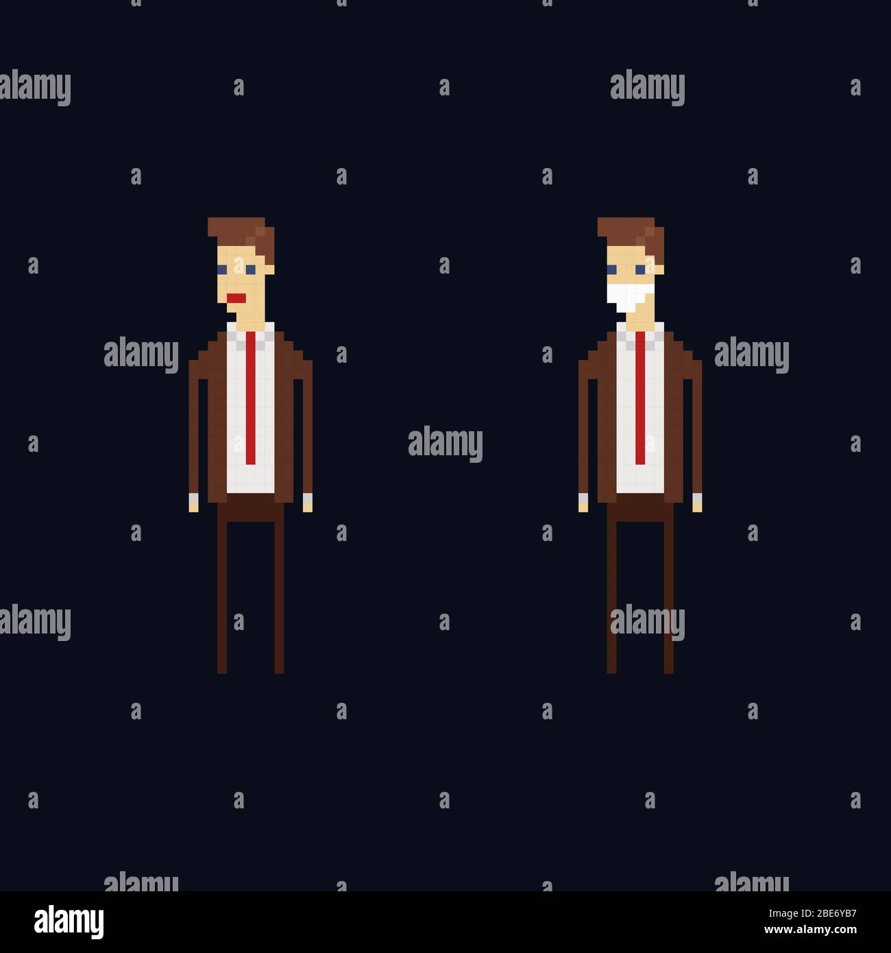 Pixel art vecteur personnage - Caricature homme de bureau portant une suite  brune, cravate rouge et un masque de protection médique. Illustration 8 bits  isolée Image Vectorielle Stock - Alamy