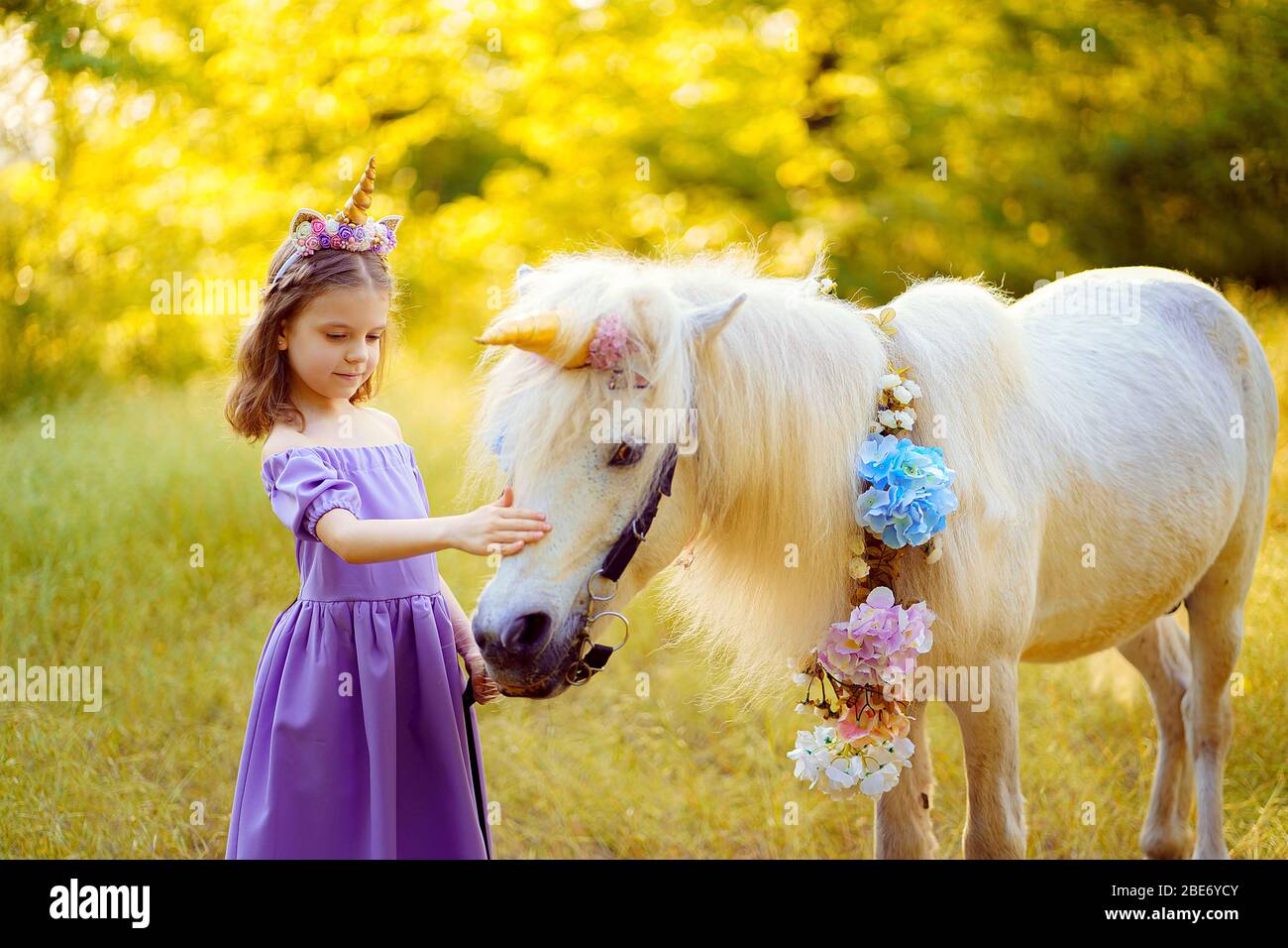 Fille en robe violette avec couronne d'une licorne dans les cheveux embrassant le cheval blanc unicorn. Les rêves deviennent réalité. Conte de fées. Banque D'Images