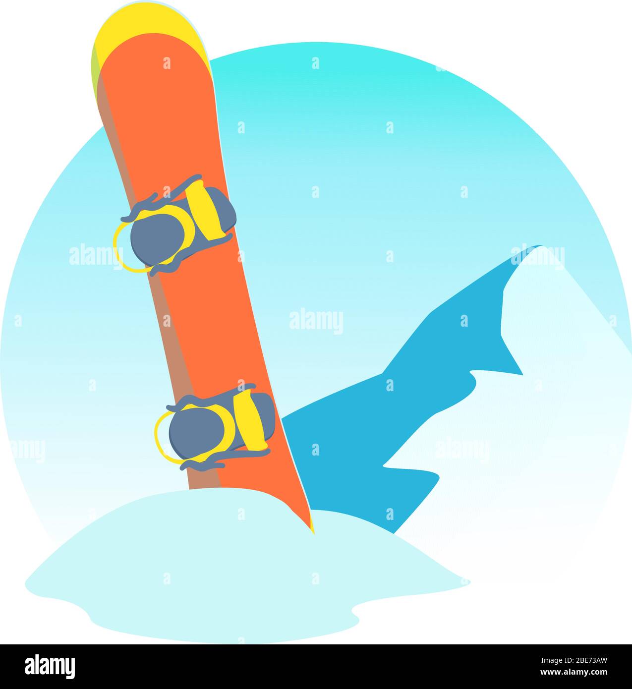 Illustration du snowboard rond dans un style de dessin animé. Bannière de station de ski vecteur isolé. Logo neige sur la montagne. Emblème de l'activité sportive en hiver. Badge plat à imprimé planche à neige. Illustration de Vecteur