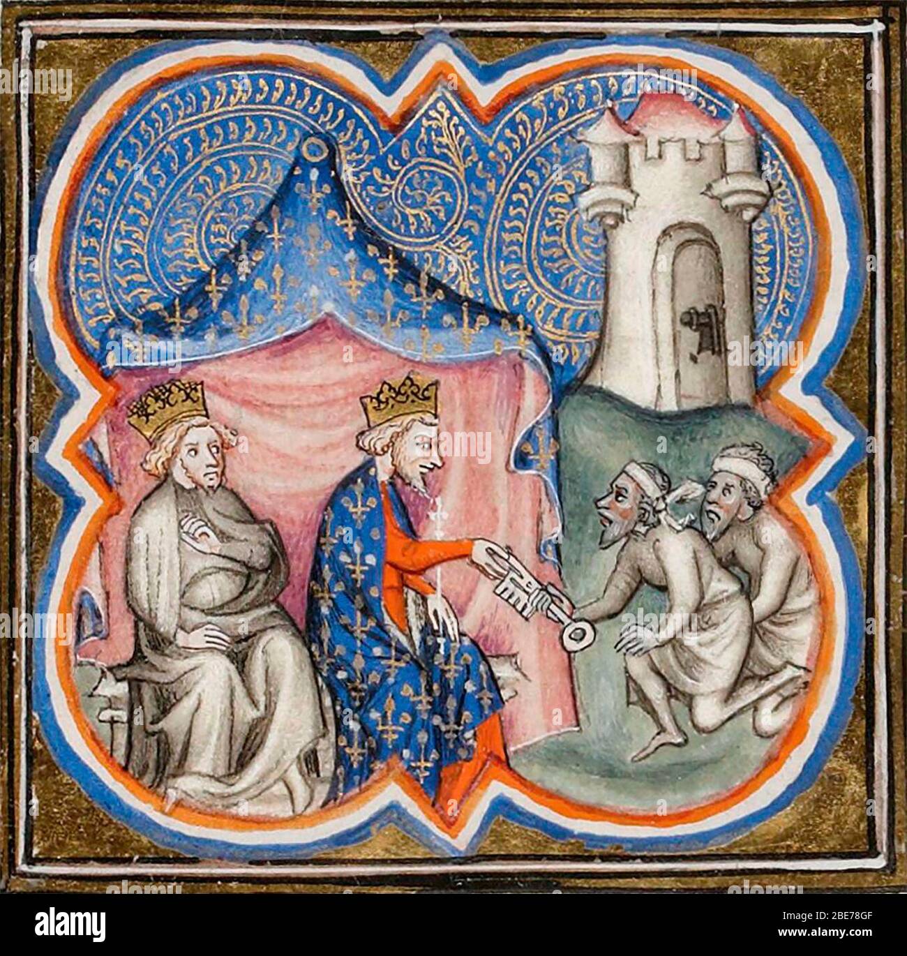 Philippe Auguste et Richard coeur de Lion reçoivent les clés de Acre (1191). Illumination des grandes chroniques de France, vers 1375-1380. Banque D'Images