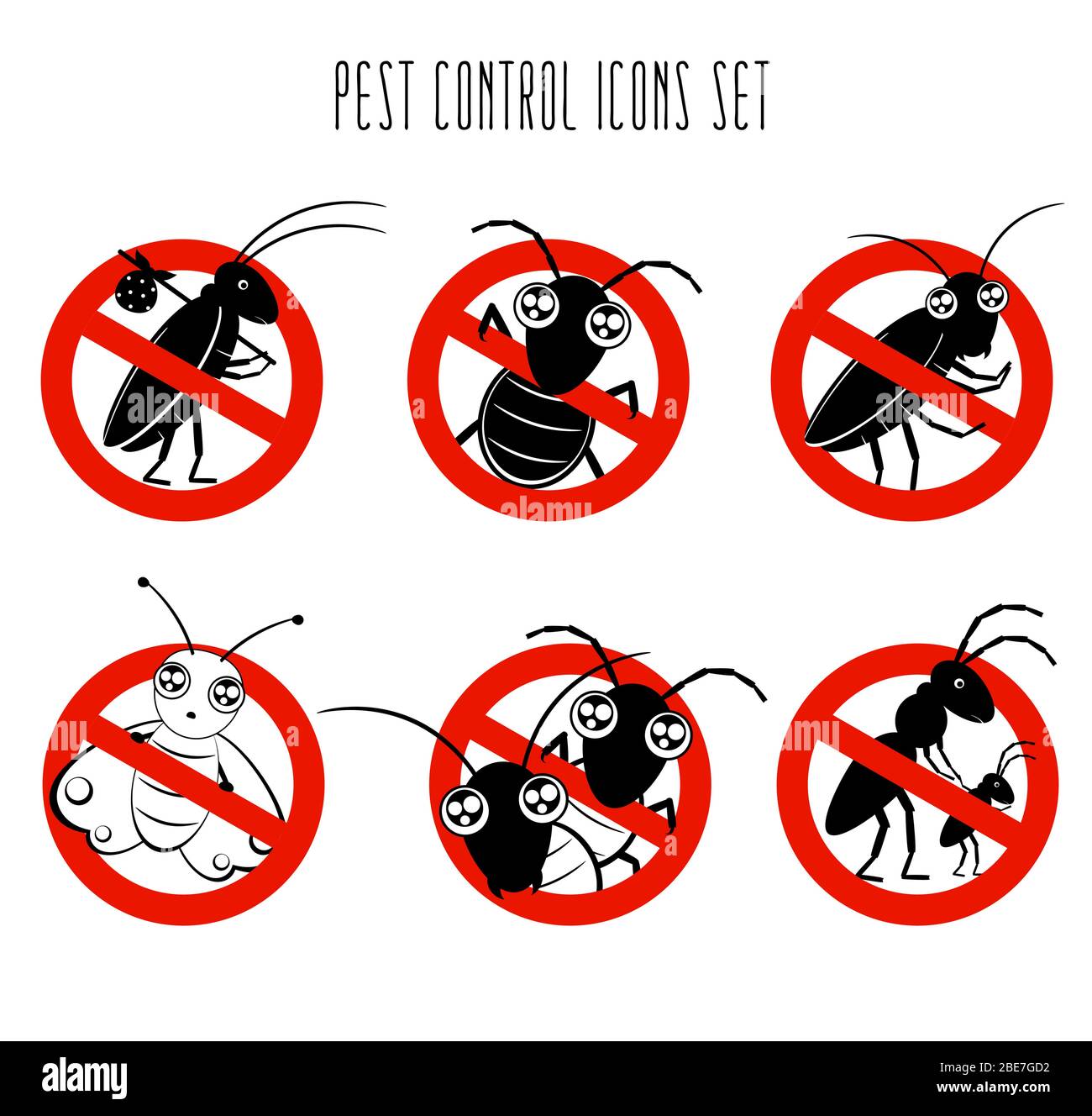 Concept d'arrêt des parasites. Jeu d'icônes de lutte antiparasitaire. Collection de signes pour l'information et les institutions liées à l'assainissement et les soins avec drôle de cartoo mignon Illustration de Vecteur
