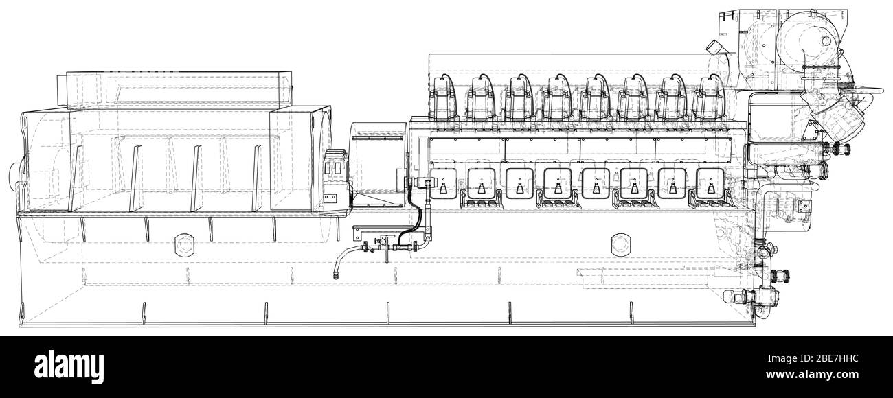 Générateur. Générateur électrique industriel diesel et gaz. Les calques de lignes visibles et invisibles sont séparés. Contour du cadre métallique. Illustration de Vecteur