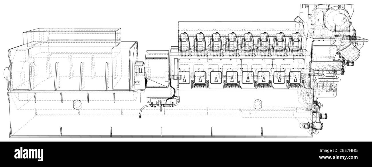 Générateur de diesel de secours industriel haute tension à une génération d'énergie. Les calques de lignes visibles et invisibles sont séparés. Format EPS10. Fil-f Illustration de Vecteur