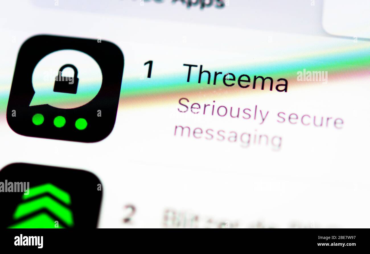 Application Threema, service de messagerie sécurisée et cryptée, icône d'application, affichage à l'écran du téléphone mobile, du smartphone, des détails, plein écran Banque D'Images