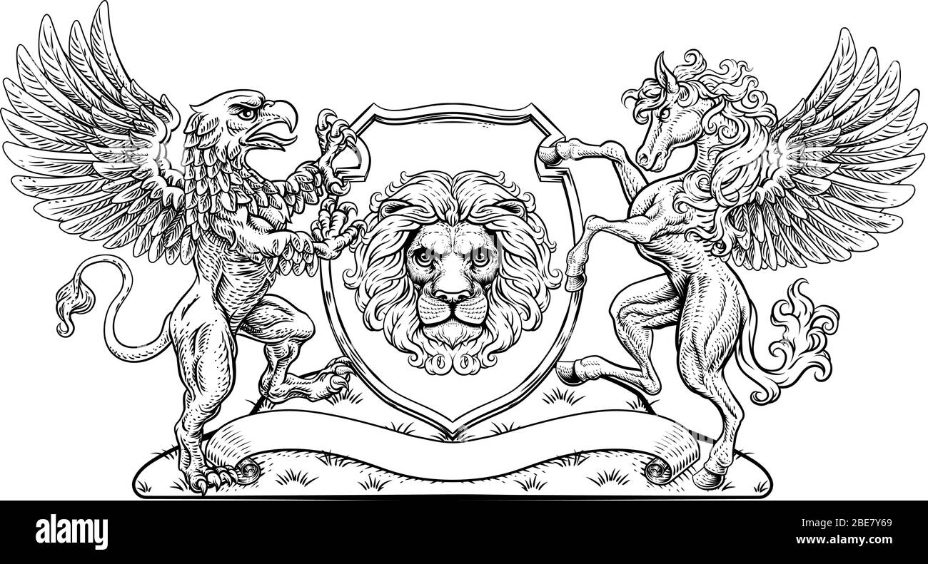 Armoiries Crest Griffin Pegasus Lion Shield Illustration de Vecteur