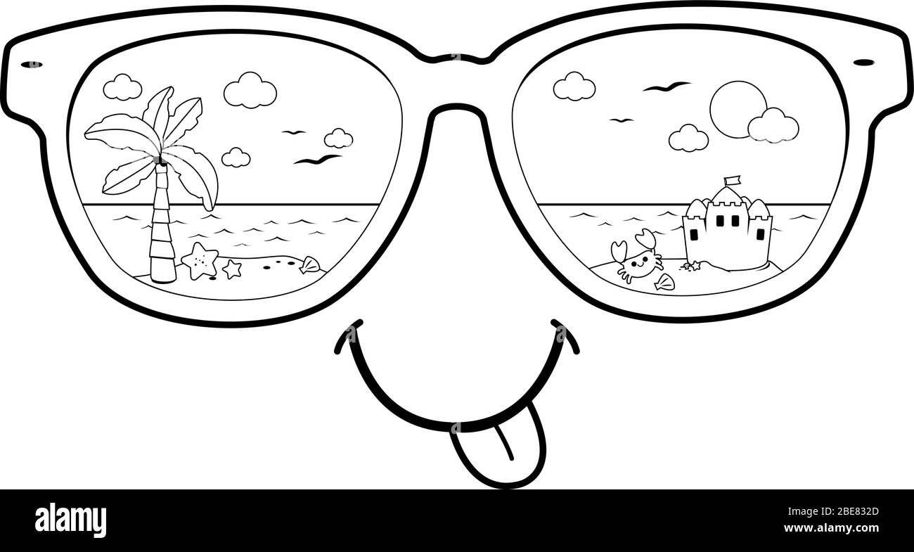 Scène estivale de plage reflétée dans les lunettes de soleil. Page de coloration noire et blanche vectorielle Illustration de Vecteur