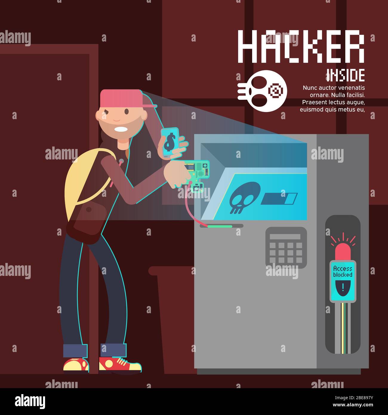 Concept de vecteur de sécurité informatique et de crime informatique avec personnage de pirate de dessin animé. Illustration du pirate informatique et du vol de guichet automatique Illustration de Vecteur