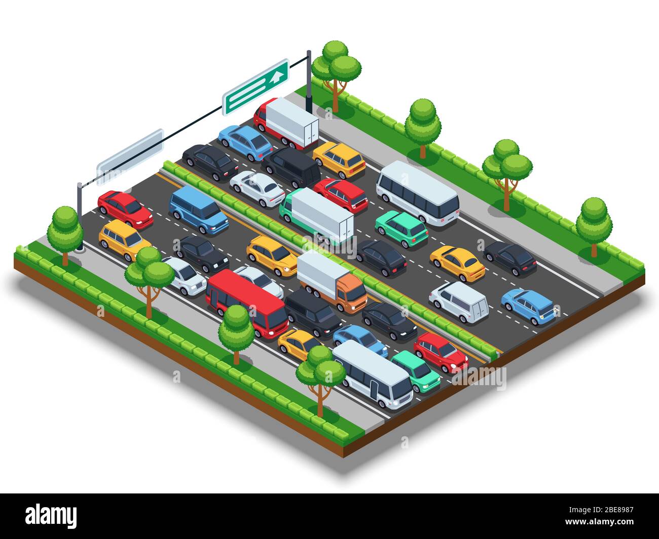 Autoroute isométrique avec embouteillage. concept vectoriel de transport tridimensionnel avec voitures et camions. Voiture sur la route dans l'illustration des embouteillages Illustration de Vecteur