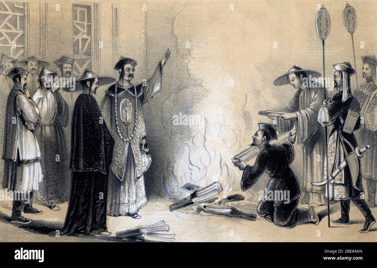 'Autodafe de livres et persécutions des lettres confucianistes s'opposant au legiste de la dynastie Qin sous le regne de l'empereur Qin Shi Huang, 213 Banque D'Images