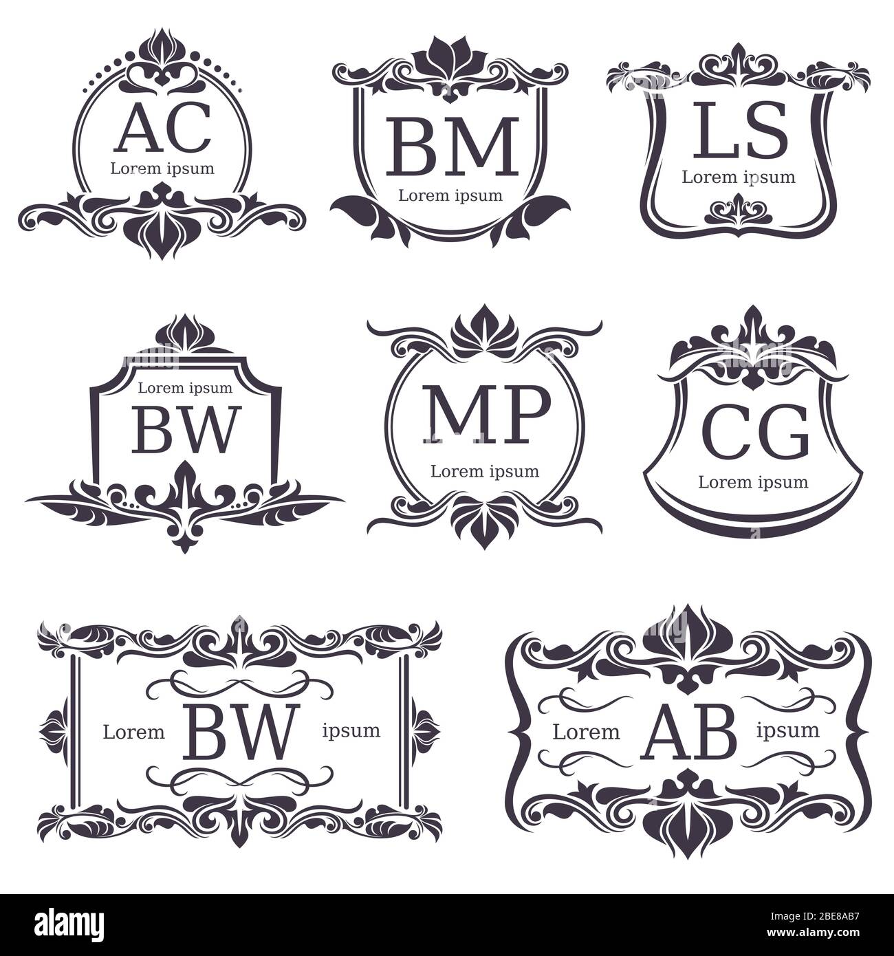 Monogrammes de logo de luxe avec éléments décoratifs et lettres d'ornement. Ensemble vectoriel de décoration rétro classique en forme de monogramme Illustration de Vecteur