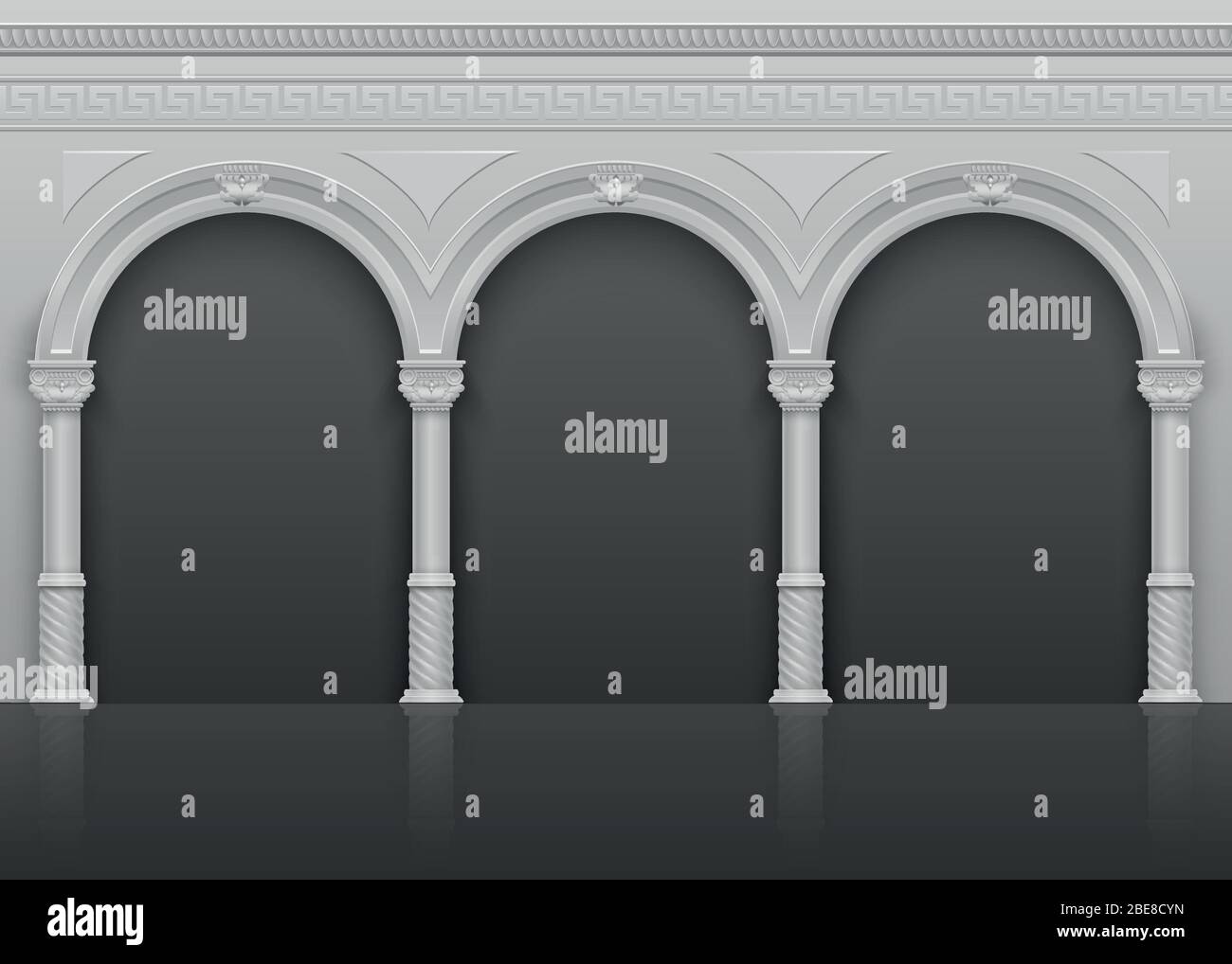 Intérieur ancien romain classique avec arches en pierre et illustrations vectorielles de colonnes. Architecture ancienne arche avec colonne Illustration de Vecteur