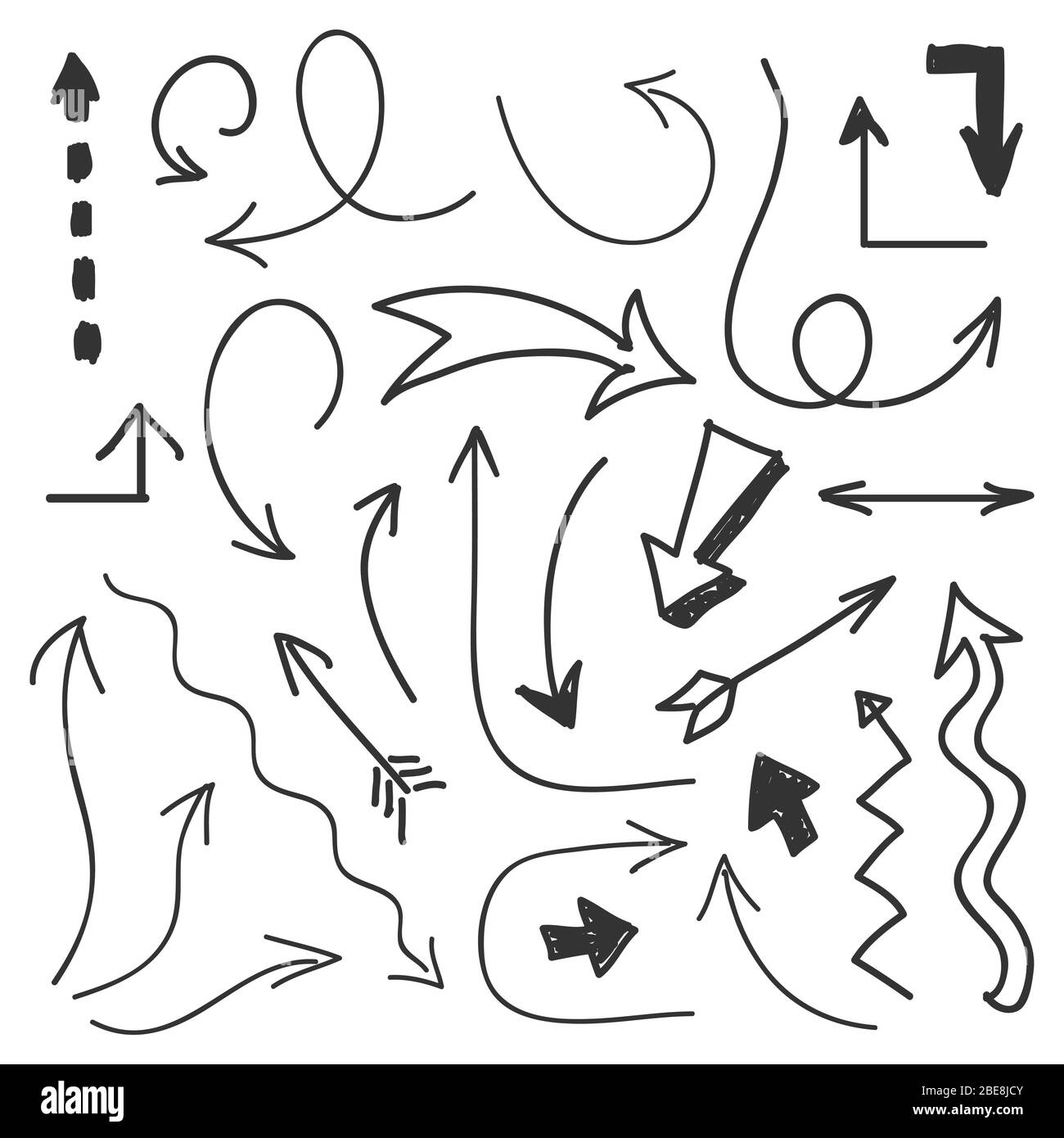 Flèches grand jeu - flèches tracées à la main isolées sur fond blanc. Flèche d'icône de dessin du jeu. Illustration vectorielle Illustration de Vecteur