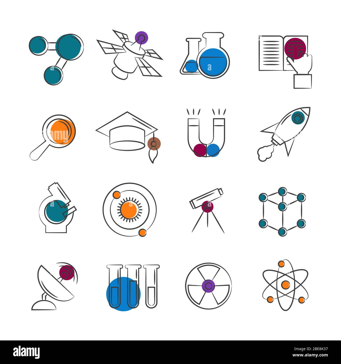 Collection d'icônes de ligne scientifique avec des détails colorés. Éléments plats scientifiques. Illustration vectorielle Illustration de Vecteur