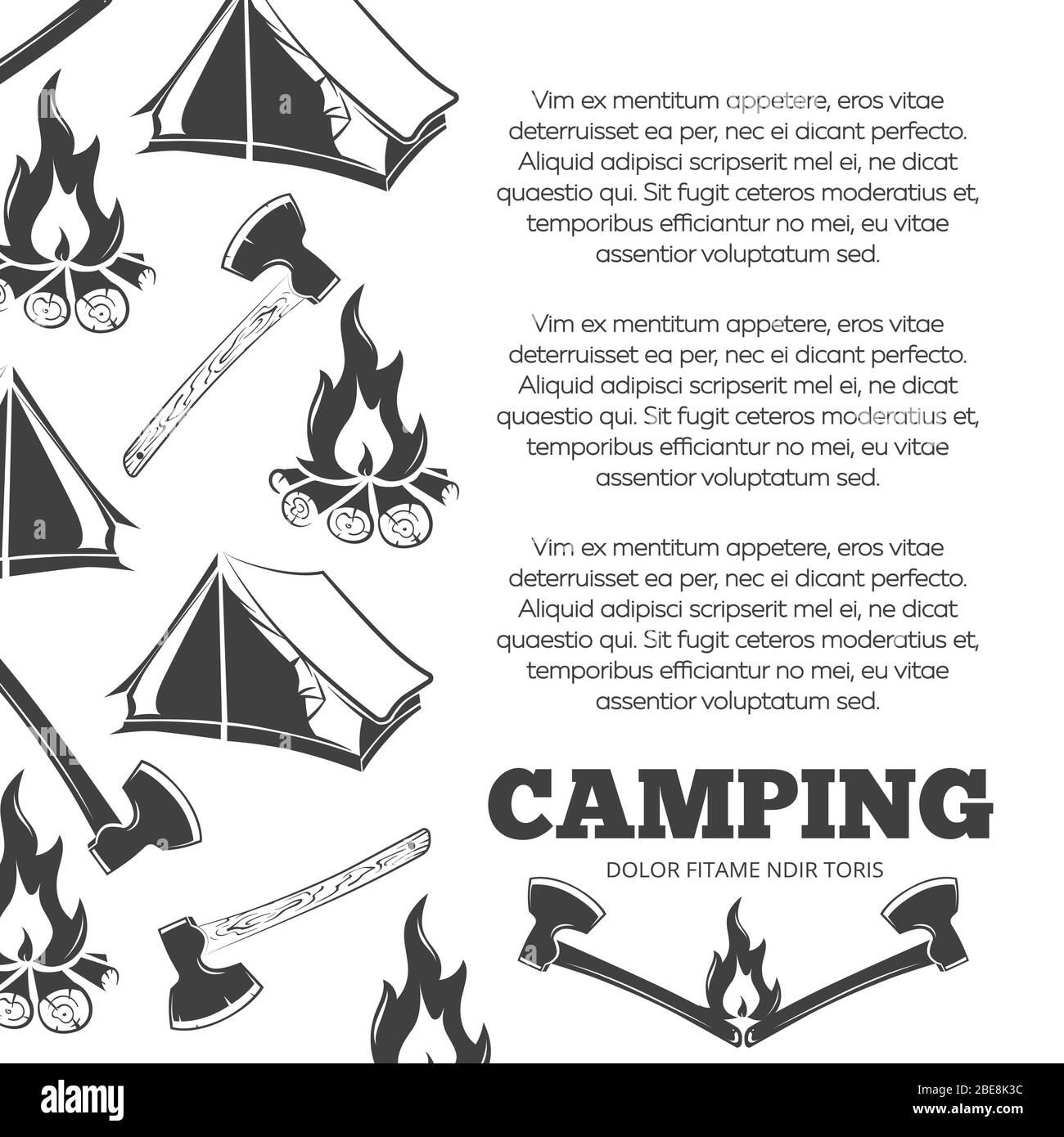 Affiche de camping avec feu, axes, tente. Bannière d'aventure estivale, illustration vectorielle Illustration de Vecteur