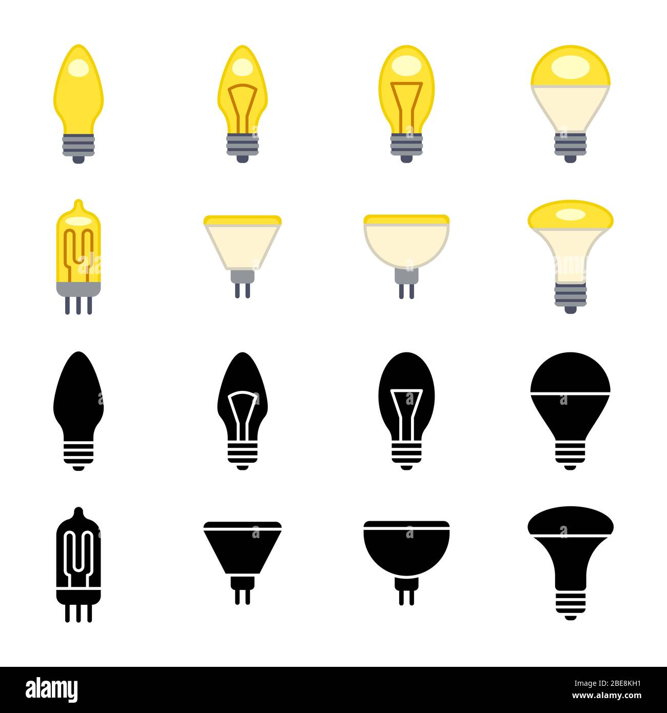 Silhouettes noires et ampoules colorées icônes isolées sur blanc. Lampe de puissance électrique, lampe à vecteur simple, illustration de lampe électrique Illustration de Vecteur