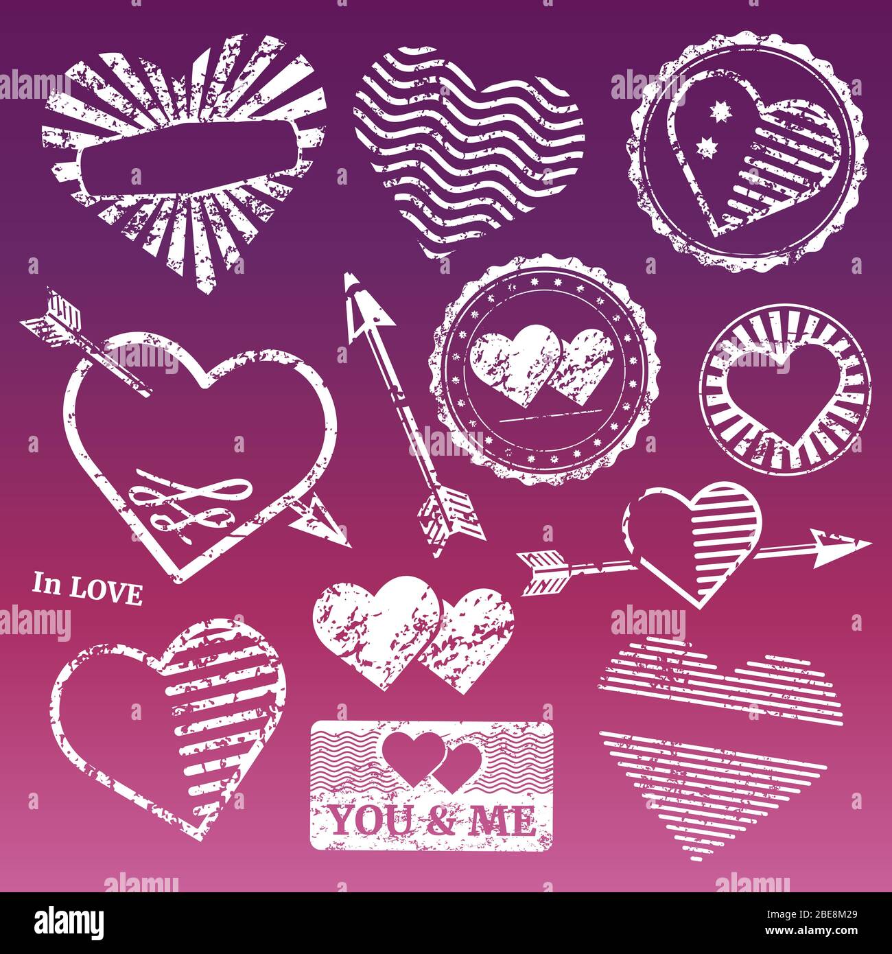 Cadres et timbres blancs romantique. Romantisme symbole grunge, coeur de Valentin pour mariage, illustration vectorielle Illustration de Vecteur