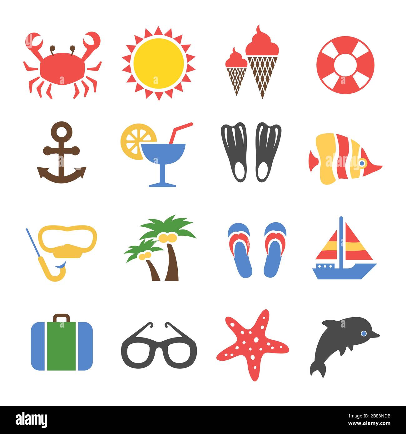 Été vacances coloré icônes ensemble. Tourisme et voyage, cocktail et palmier, illustration vectorielle Illustration de Vecteur