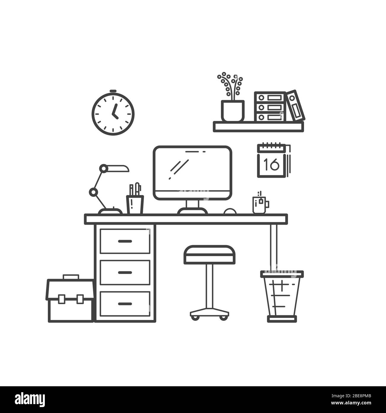 Concept de ligne d'espace de travail - présenter le lieu de travail avec l'ordinateur sur fond blanc. Illustration vectorielle Illustration de Vecteur