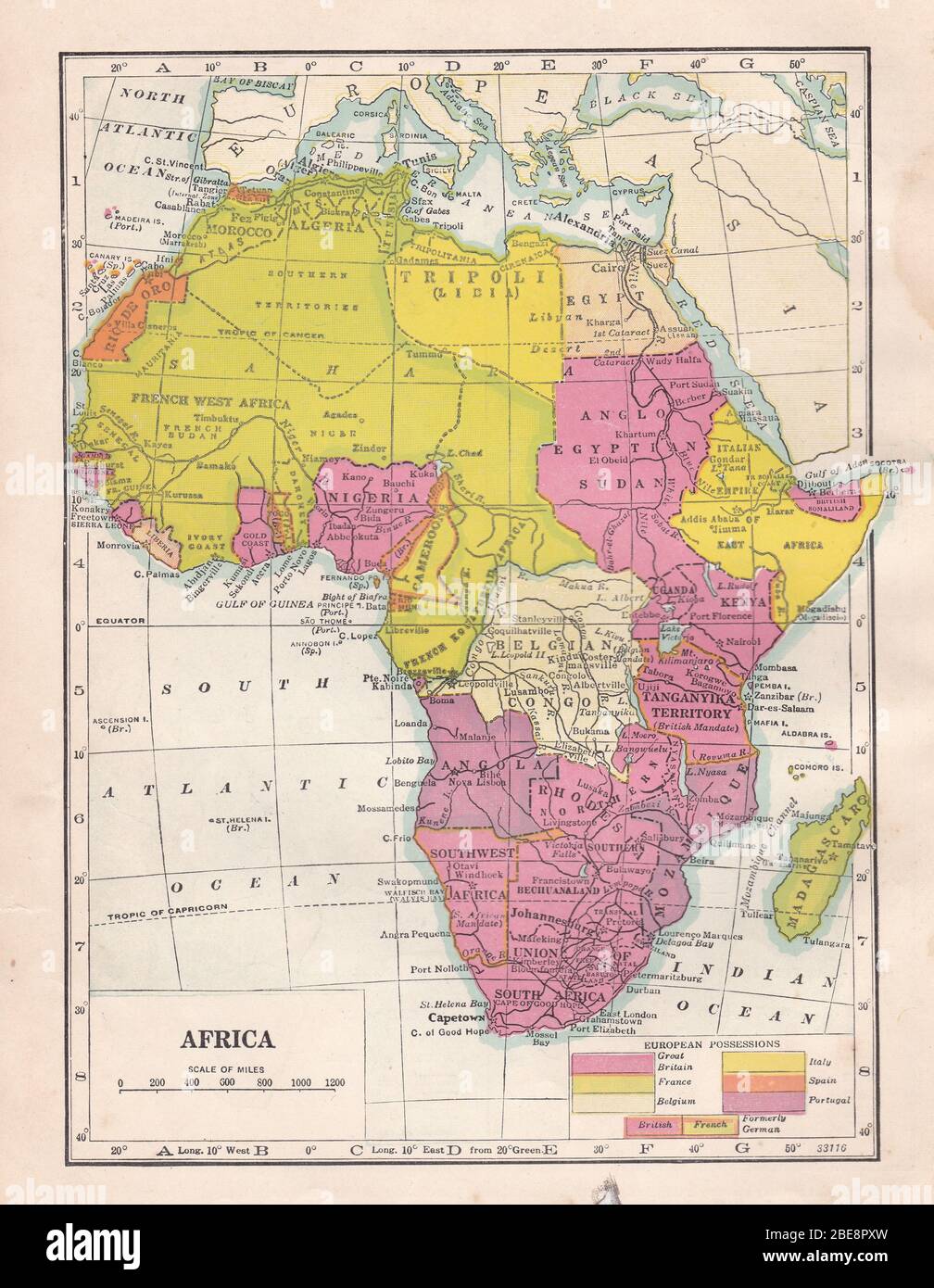 Carte d'Afrique des années 1930. Banque D'Images