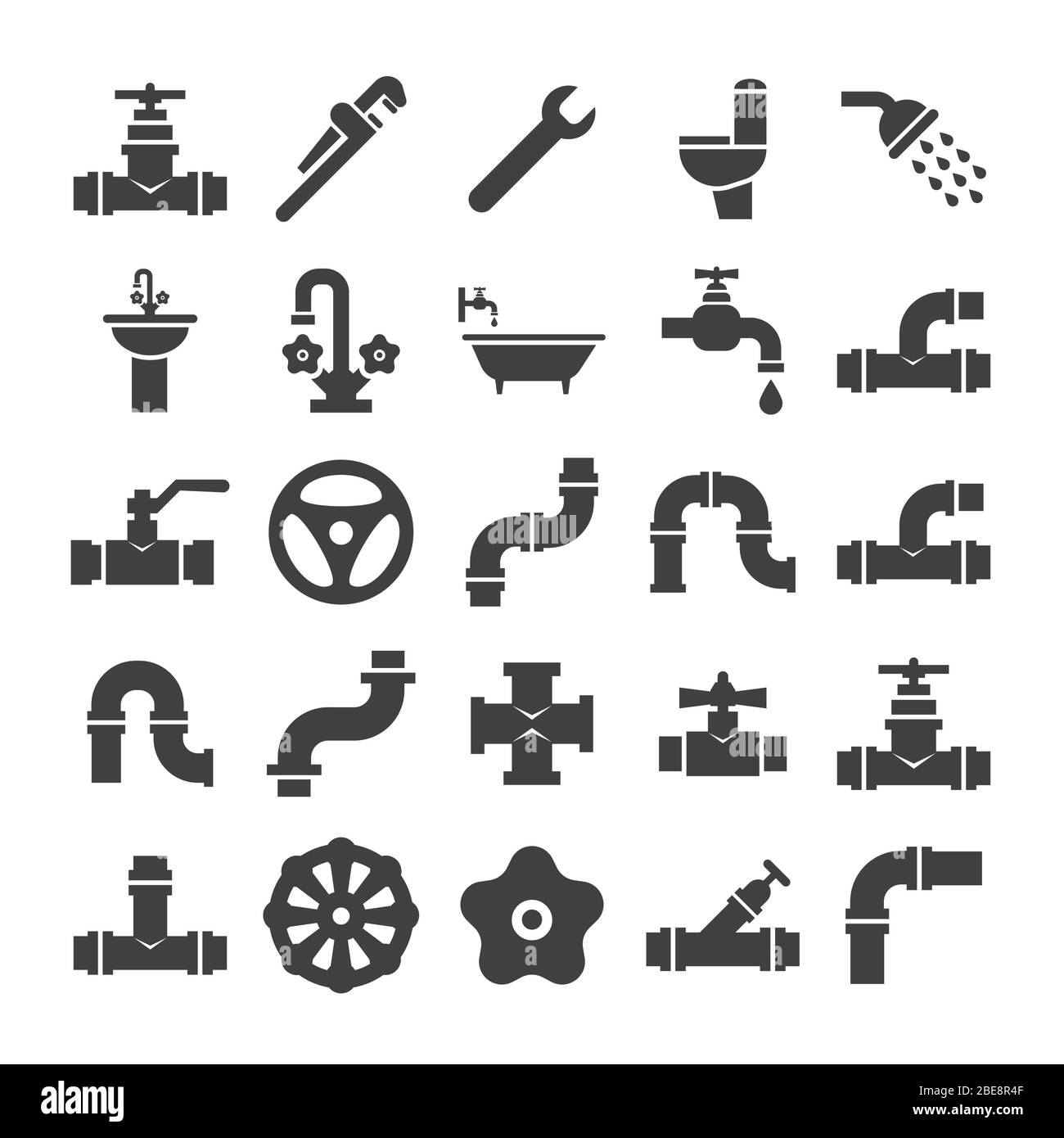 Collecte des icônes d'engèneering sanitaire, de valve, de tuyau, de plomberie et d'objets de service. Robinet et robinet de plomberie, tuyau d'eau et tube de vidange. Illustration vectorielle Illustration de Vecteur