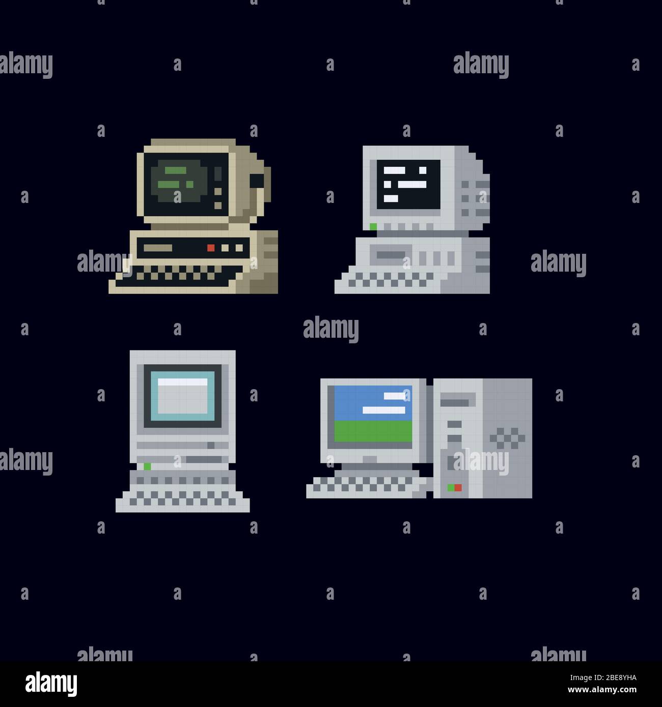 Ordinateurs personnels rétro avec commandes de console de terminal sur l'écran, boîtier d'ordinateur et clavier vintage illustration vectorielle jeu d'icônes, isolé Illustration de Vecteur