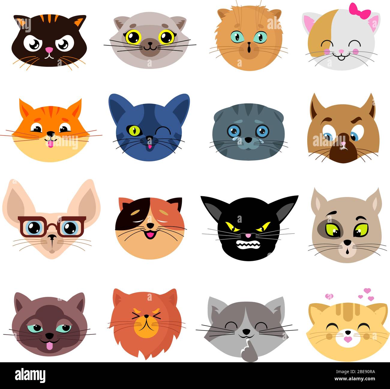 Têtes de personnages de chat mignon avec différents vecteurs d'émotions. Ensemble de chats tête émaux et illustration drôle Illustration de Vecteur
