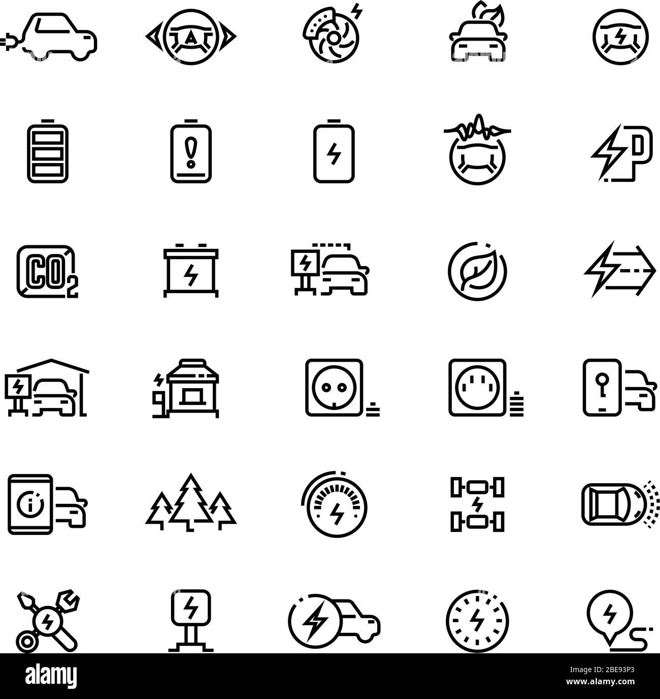 Icônes vectorielles de ligne de voitures électriques. Véhicules à batterie hybride et symboles de transport vert. Transport électrique renouvelable et de charge, éco-illustration automobile d'énergie Illustration de Vecteur
