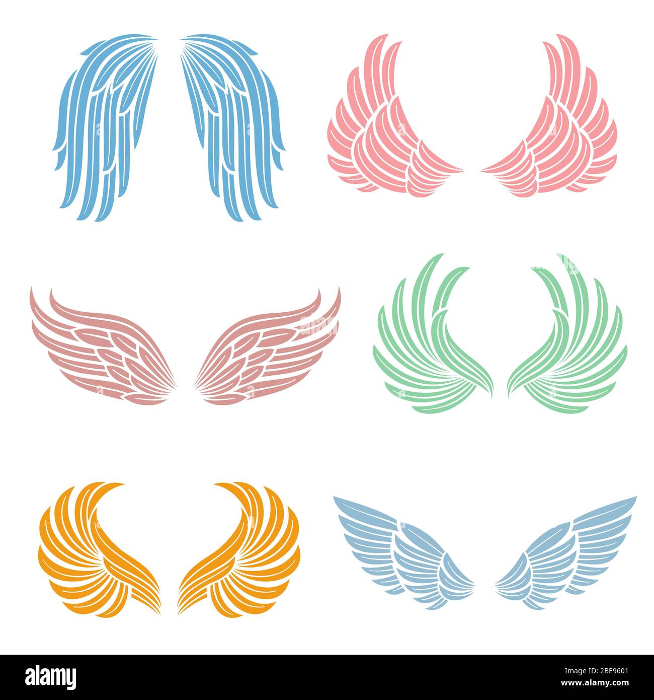 Ailes d'ange élégantes avec plumes longues. Jeu de vecteurs isolés de symboles angéliques. Aile colorée de l'illustration de la collection Illustration de Vecteur