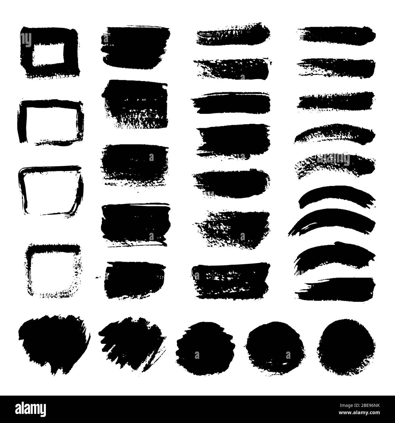 Kit vectoriel de formes artistiques noires à encre. Coups peints de grunge sales. Illustration de la peinture noire et de la brosse sale Illustration de Vecteur