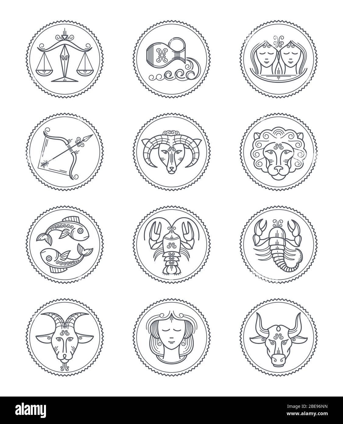 Icônes de ligne vectorielle d'astrologie vectorielle zodiaque. Bélier et taurus, gémeaux et cancer, lion et vierge, balance et scorpion, sagittaire et capricorne, verseau et poissons signes. Illustration des symboles de style de ligne de l'horoscope Illustration de Vecteur