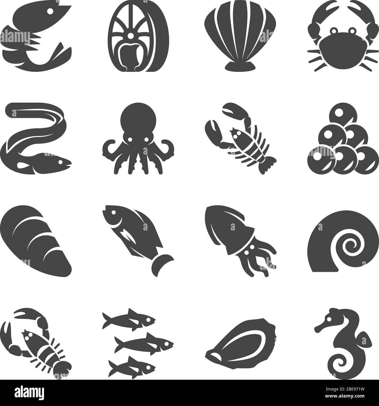 Sea Food noir silhouette icônes vectorielles. Poisson de mer, homard de fruits de mer et crevettes illustration Illustration de Vecteur