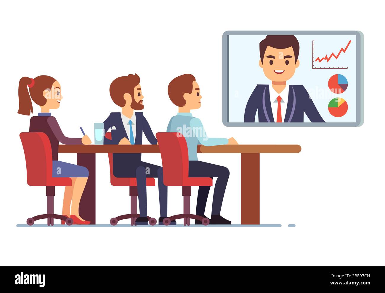 Réunion vidéo dans la salle de réunion du bureau avec le pdg et les employés. Travail d'équipe et concept vectoriel de communication numérique en ligne. Illustration du bureau de la visioconférence d'affaires Illustration de Vecteur