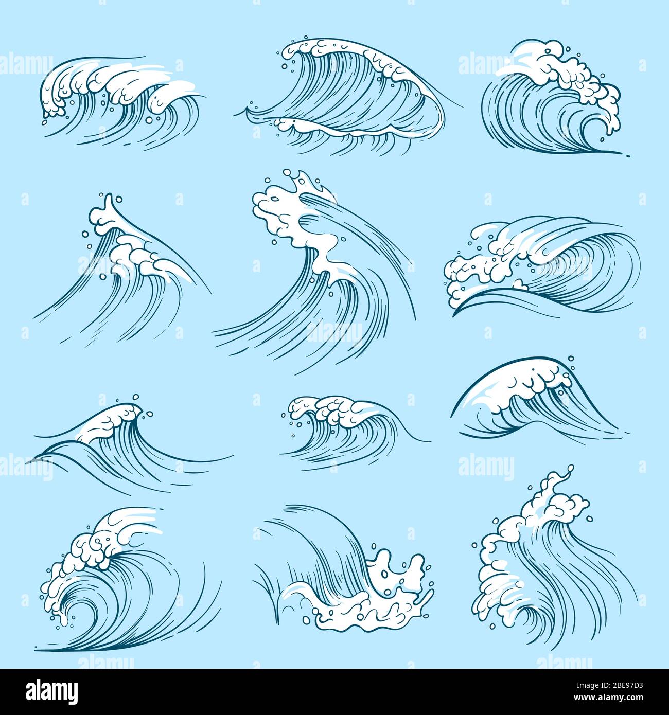 Esquissez des vagues océaniques. Marées vectorielles marines tracées à la main. Illustration de la tempête d'eau de vague Illustration de Vecteur