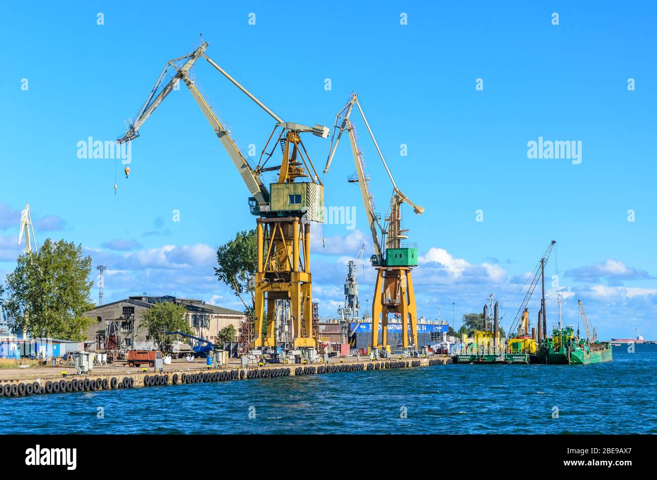 Grues dans le chantier naval, port de Gdynia, Pologne. Banque D'Images
