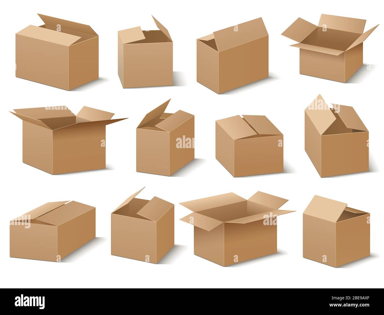 Boîte en carton ouverte et fermée, jeu vectoriel. Illustration de la collection de boîtes brunes, du conteneur en carton et de la caisse Illustration de Vecteur