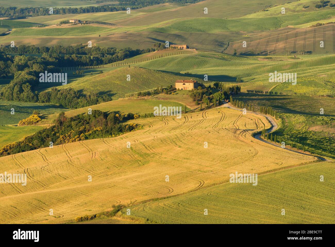 Magnifique paysage printanier au lever du soleil.belle vue sur la ferme toscane typique, collines de la vague verte, cyprès des arbres, lumière du soleil magique, beau Banque D'Images