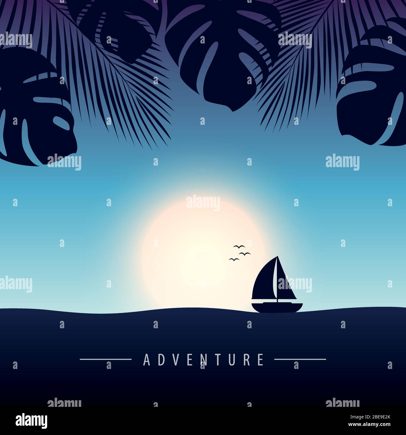 Coucher de soleil en mer avec Yacht marine nature paysage avec voilier et illustration vectorielle de palmiers EPS10 Illustration de Vecteur