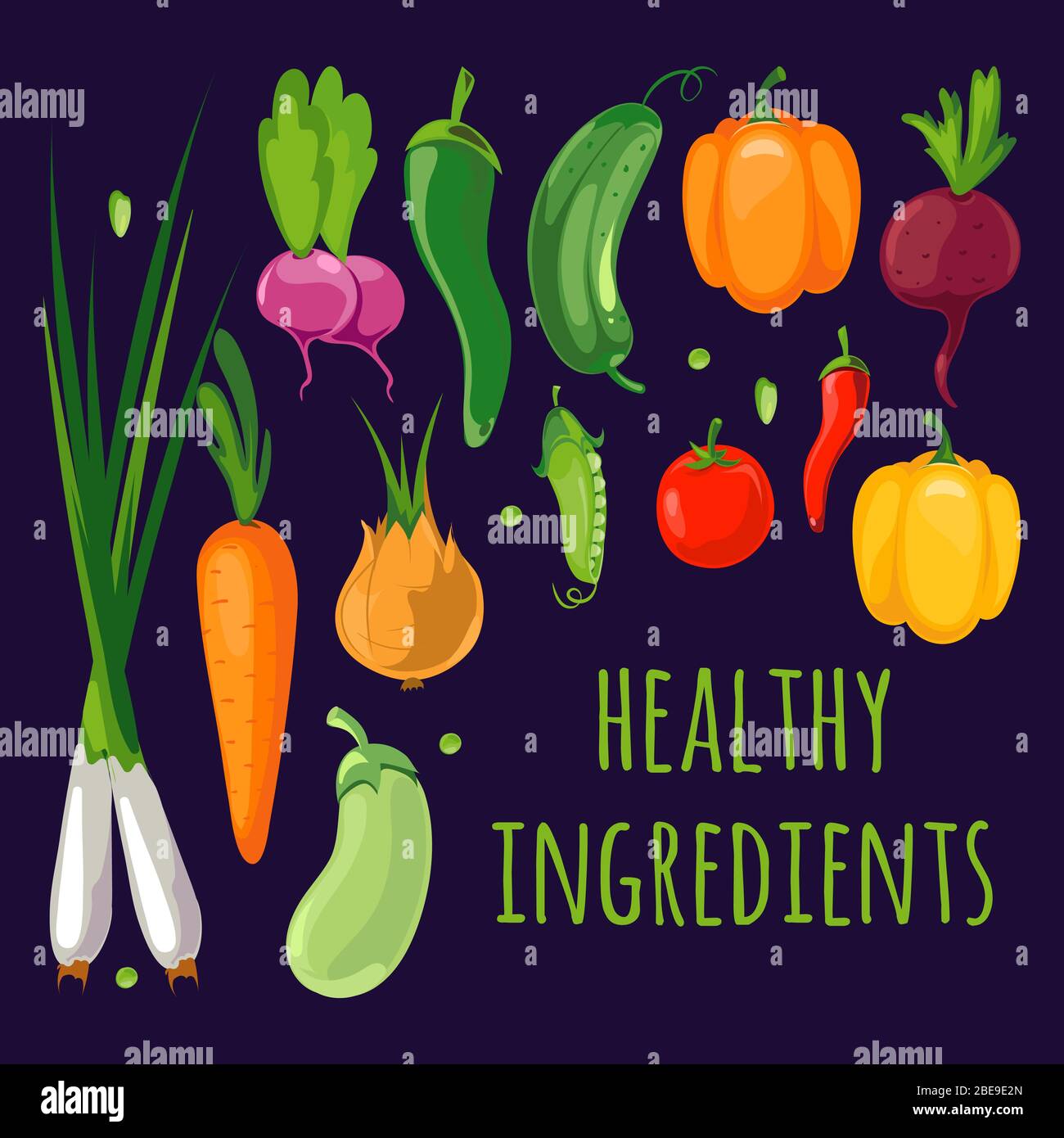 Fruits et légumes colorés. Colorer les aliments crus, l'aubergine et le concombre. Illustration vectorielle Illustration de Vecteur
