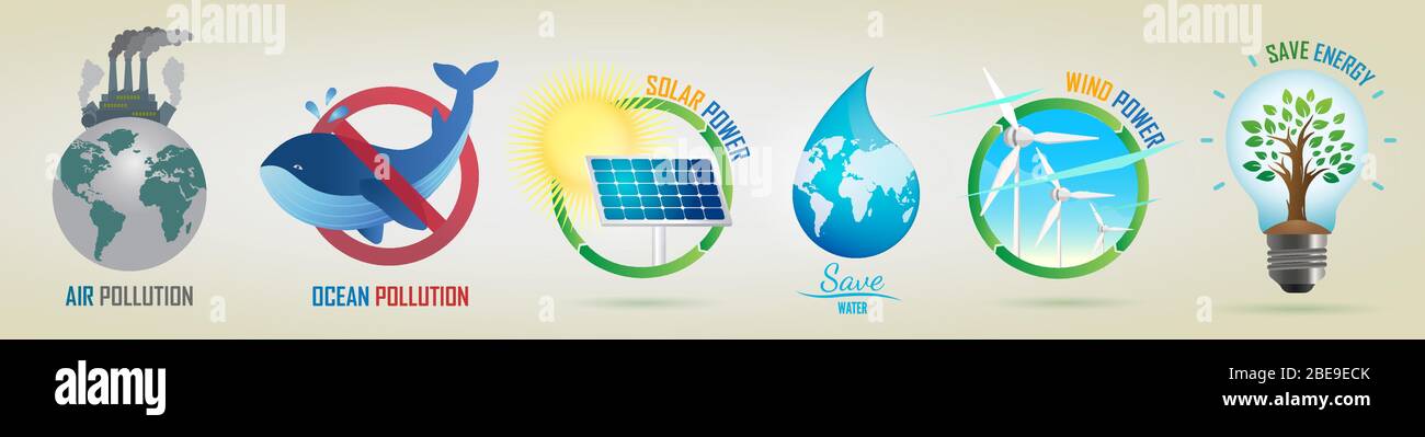 Arrêter la pollution de l'air, Arrêter la pollution des océans, énergie éolienne, énergie solaire, économiser l'énergie, économiser l'eau - ensemble de logos vectoriels Illustration de Vecteur