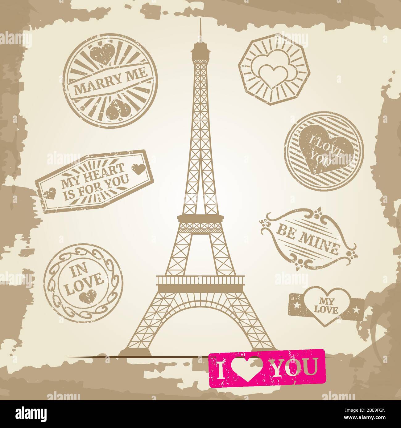 Hipster ou carte postale vintage fond - Tour Eiffel avec des imprimés d'amour. Illustration vectorielle Illustration de Vecteur