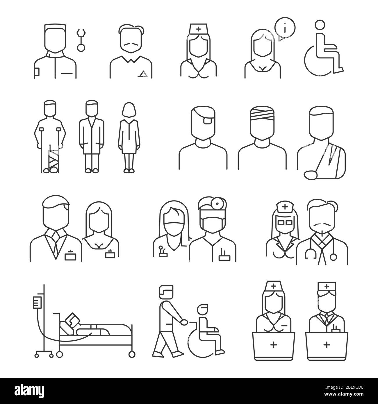 Ensemble d'icônes de ligne fine du personnel hospitalier. Spécialiste et patient, illustration vectorielle Illustration de Vecteur