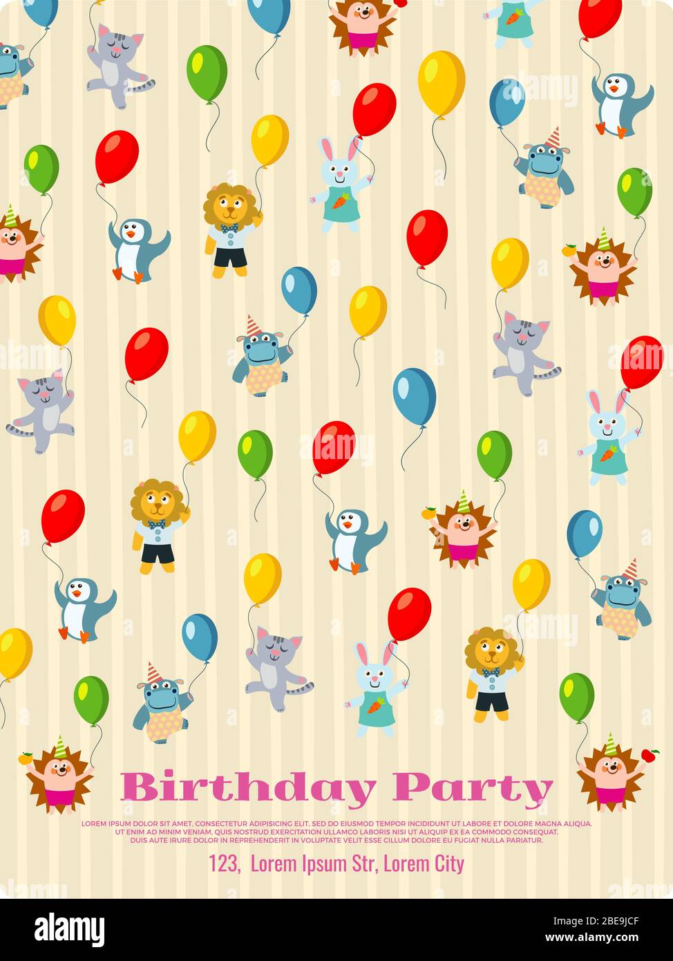 Motif affiche de fête d'anniversaire - les animaux de dessin animé volent avec des ballons fond. Illustration vectorielle Illustration de Vecteur