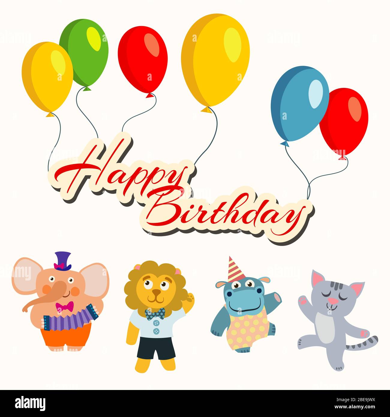 Bonne bannière d'anniversaire avec des ballons et des animaux de danse de dessin animé heureux éléphant et lion, hippo et chat, illustration vectorielle Illustration de Vecteur